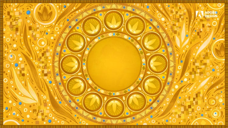 Golden medallion in the middle of an abstract field of leaves and seeds in shades of yellow, tan, and gold with accents of bright blue.