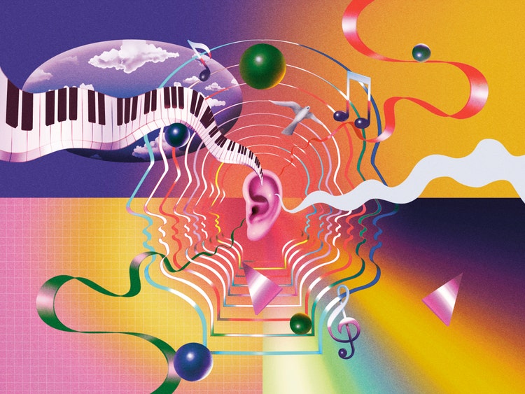 An abstract illustration with a human ear at the center. It's surrounded by flowing sound waves, musical notes, a piano keyboard, and floating spheres. Vibrant ribbons and geometric shapes radiate outward from the in warm gradient colors, suggest listening, music, and creative energy.
