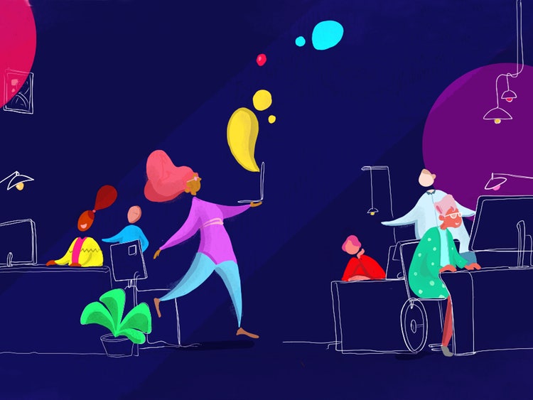 Colorful, stylized, and flat character illustrations against a dark blue background deict people working alongside each other in an modern office environment.