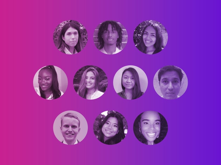 Three horizontal rows of profile photos (three top, four middle, three bottom) inside circle cutouts against a left-to-right, pink-to-purple gradient background.