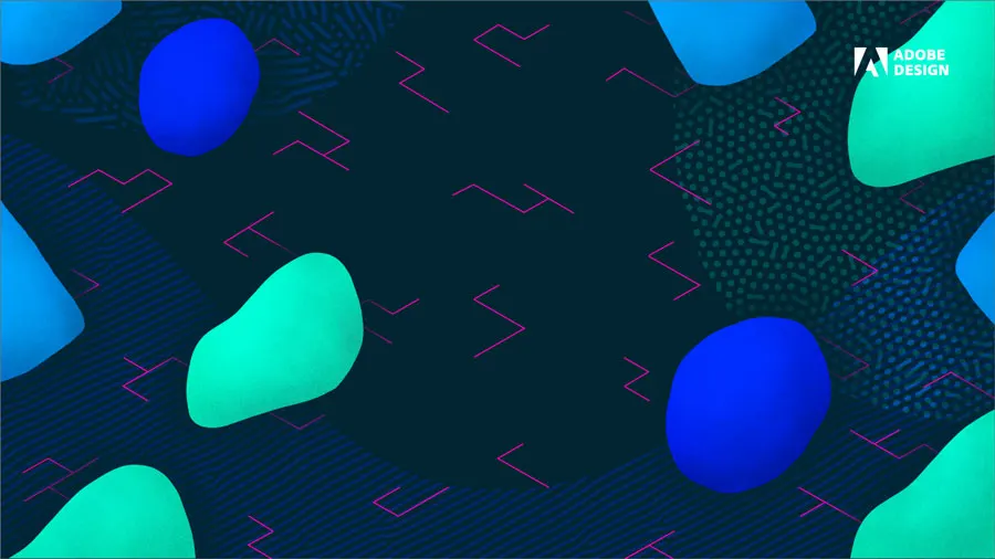 Organic blobs of blue and teal are suspended in a field of navy with pink angular lines overlaid with a random pattern of teal and blue dots.