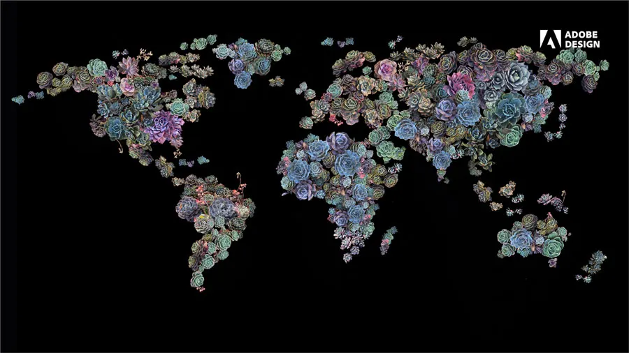 Succulents in muted pinks, purples, blues, and greens form the map of the world against a striking black background. 