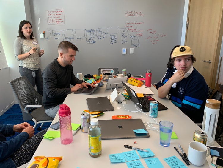 A conference room with a woman stading at a white board ready to take notes while two men and two women seated around a conference table (with iPads, laptop computers, water glasses and bttles, and sticky notes) appear to be facing someone off camera.