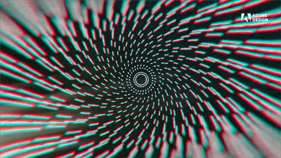 Lines of white, red, and teal spiral toward the center of the black background.