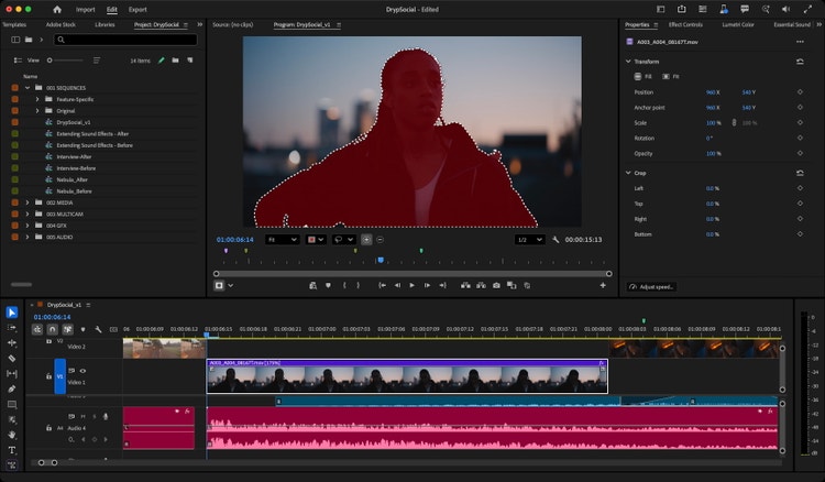 A screenshot from Adobe Premiere showing a video clip in the timeline with a red shape mask applied over a person’s upper body in the preview window. The workspace includes panels for project files, timeline tracks with video and audio layers, and effect controls on the right displaying mask properties such as position, scale, and opacity.