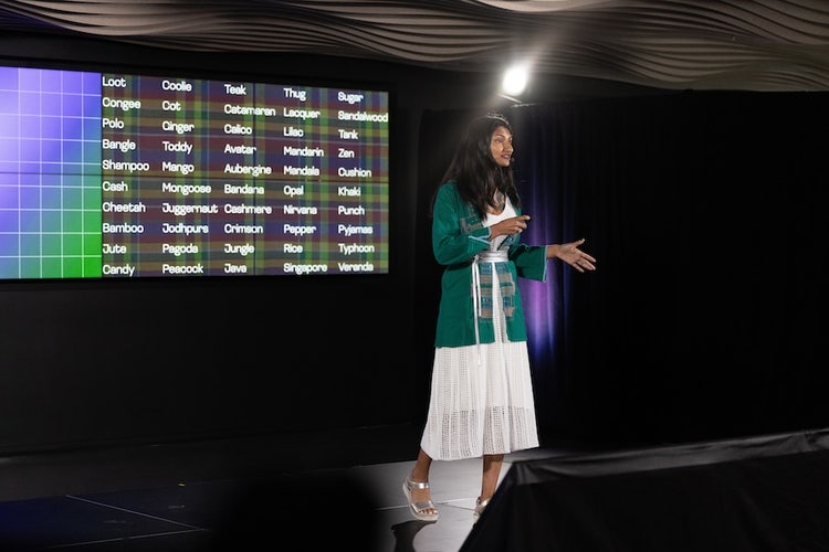 A South Asian woman with long dark hair wearing a belted turquoise jacket with an embroidered pattern (that's an archeological blueprint for a 1000-year-old steppe) and a white skirt stands speaking in front of screen.