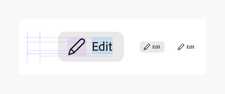 A Spectrum pencil icon alongside the word Edit using the Adobe Clean typeface, with lines showing how the icon and type align. against a white background. The combination is repeated inside a small button and even smaller as standalone icon and type.