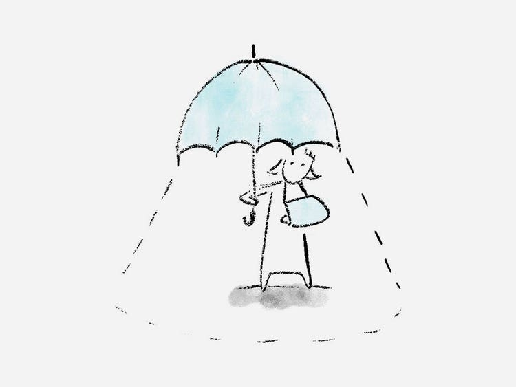 A cartoon line drawing of a woman with her arm in a light blue sling holding a light blue umbrella.