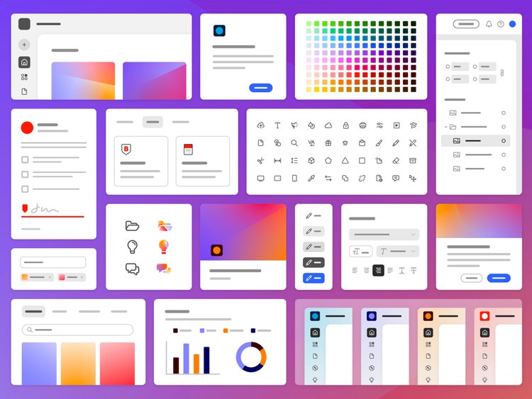 A grid of Spectrum 2 components on a purple-to-yellow-to-pink gradient background.