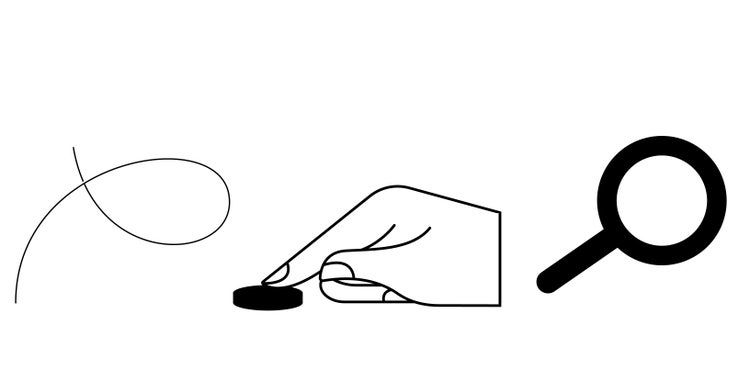 Three linear illustrations (black on a white background). From left: a looping line, a hand with an extended finger pushing a black button, and a magnifying glass icon.