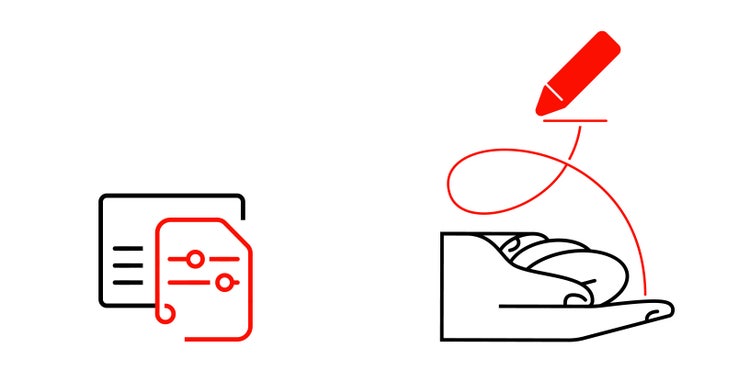 Two linear illustrations on a white background. On the left, are a grey screen-shaped outline and a red document-shaped outline interconnected by the bordered lines of the shapes. On the right is a fat red pencil connected by a red looping line to the extended index finger of a folded hand drawn in black outline.
