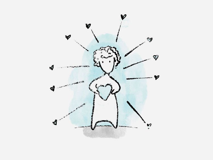 A cartoon line drawing of a woman standing against a small cloud of light blue holding a light blue heart in front of her. Hearts are forming a halo all around her.