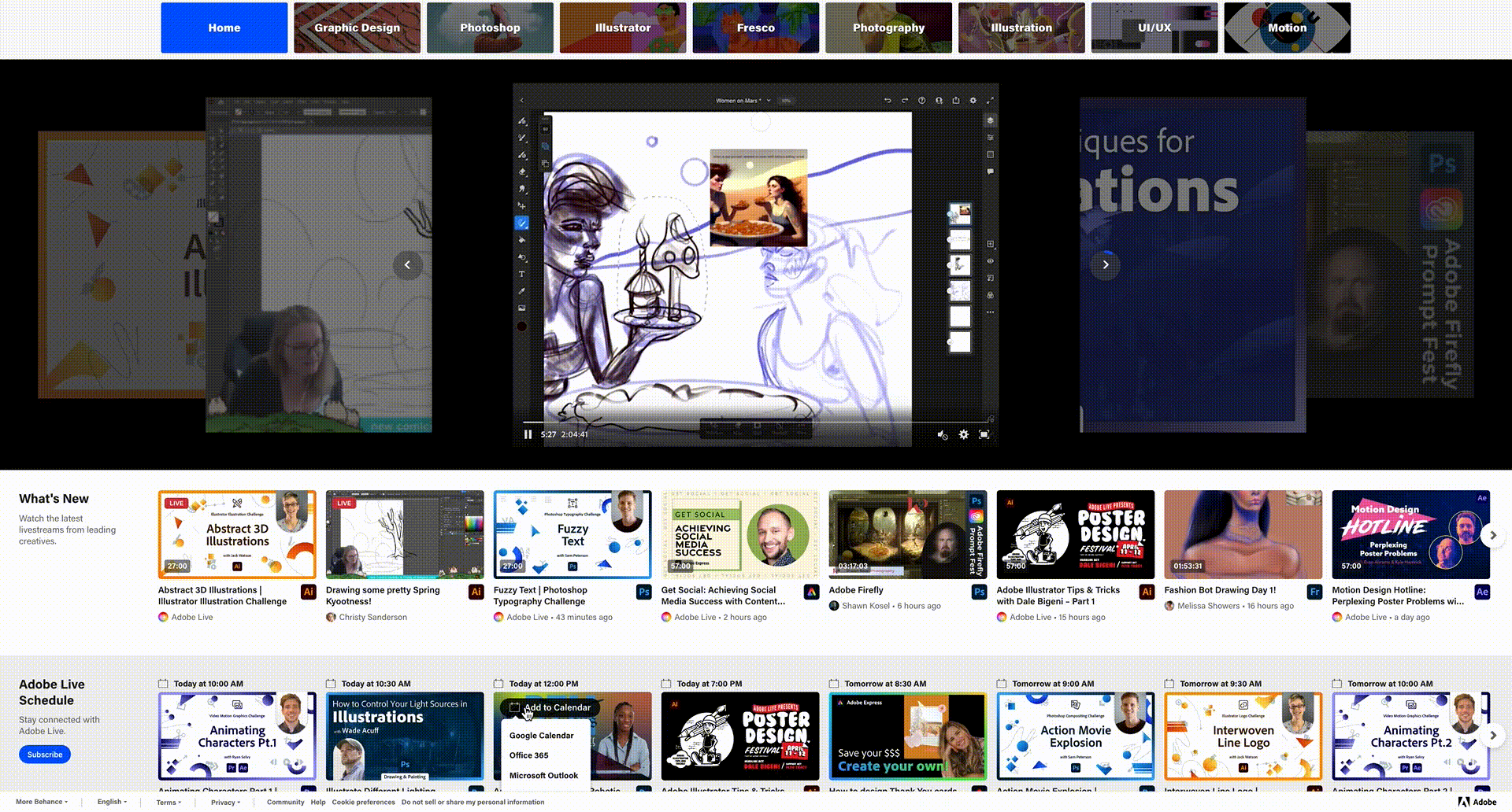 A GIF of a screenshot of the Behance Live home page with horizontally scrolling livestream videos in the upper half of the screen and sixteen video thumbnails on the lower half.