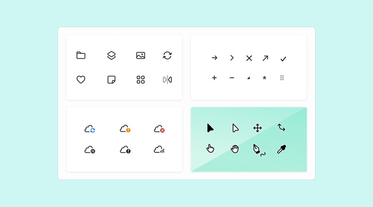 Two rows of two white rectangles on a light turquoise background. Each rectangle contains two rows of familiar iconography. in black outline Top left: file folder, two stacked squares, landscape image, sync arrows, heart, square with dog-eared lower corner, four squares, play arrow and reverse arrows on either side of a dotted line. Top right: right facing arrow, right facing chevron, x, diagonal arrow, checkmark, minus, triangle, asterisk, six dots. Bottom left: cloud icon with blue sync arrows, cloud idon with orange exclamation mark, cloud icon with red x, cloud icon with black pause bars, cloud icon with black exclamation mark, cloud icon with wifi signal strength. Bottom right: filled cursor arrow, empty cursor arrow, four-way arrows, curved two-sided arrow, pointed finger, hand, pen tool, eyedropper.