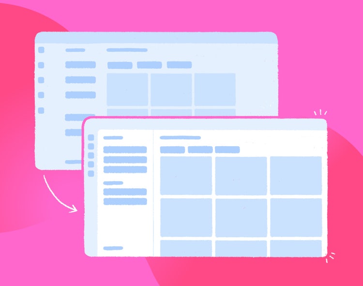 A hand-drawn illustration of two overlapping rectangles composed of multiple shades of blue and white on a bright pink background. Inside the rectangles are sketches of content blocks demonstrating various ways to section content both subtly and explicitly with and without hard line divisions.