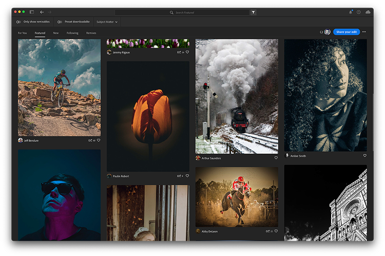 A screenshot of Lightroom's Discover screen with eight images on a dark background.