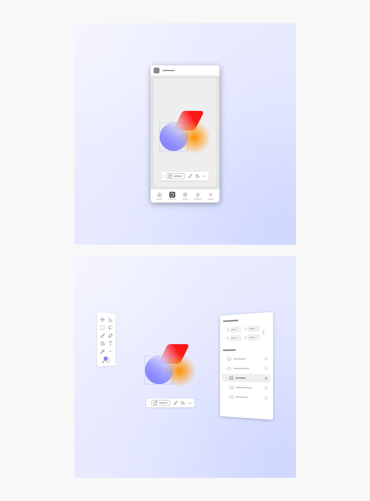 Two digital mockups of Spectrum 2 graphics (a blue circle, a red parallelogram, and a yellow orange sunburst) on the home screen of an iPhone app. The top image shows the graphics on an art board in an iPhone app on a lavender background. The bottom image shows the same components of the iPhone app in an expanded view (clockwise from left: a left-side toolbar, graphics on an art board, a file folder menu, and a bottom toolbar) on a lavender background.