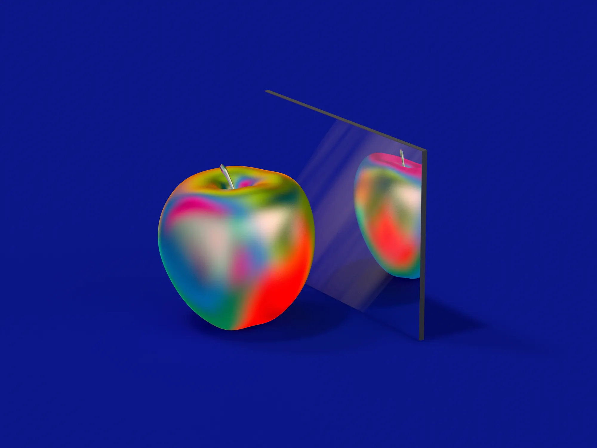 An iridescent rendering of an apple, in front of a mirror, and its reflection on a violet background.