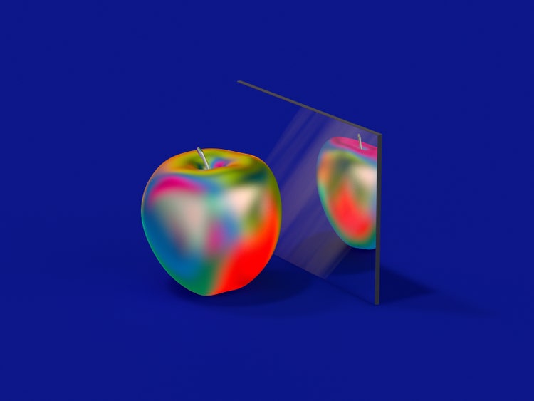 An iridescent rendering of an apple, in front of a mirror, and its reflection on a violet background.