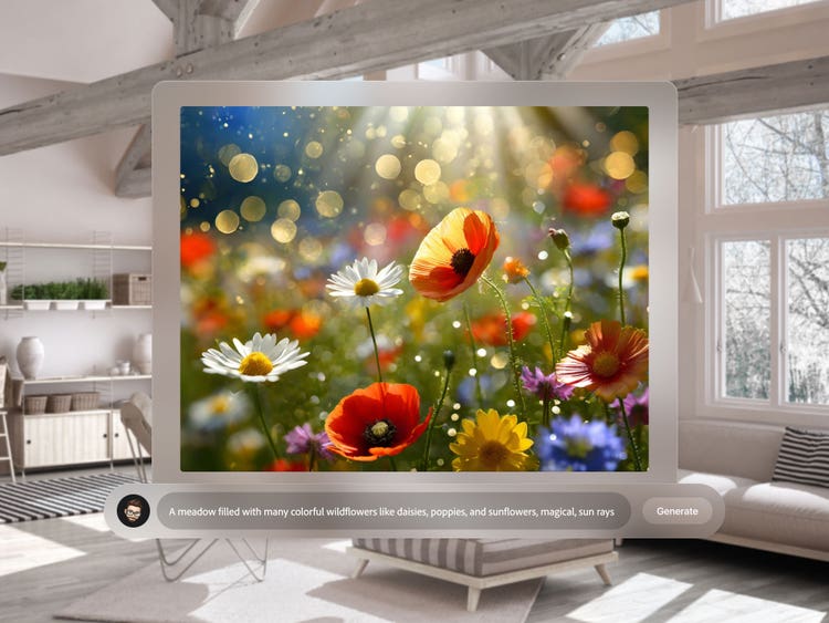 An image of a computer screen superimposed over the center of well-lit, light-colored living room with multiiple windows, bookshelves and comfortable seating. On the computer screen is a AI-generated photograph of a field of wildflowers and beneath it a prompt bar with the prompt, "A meadow filled with many colorful wildflowers like daisies, poppies, and sunflowers, magical sun rays."