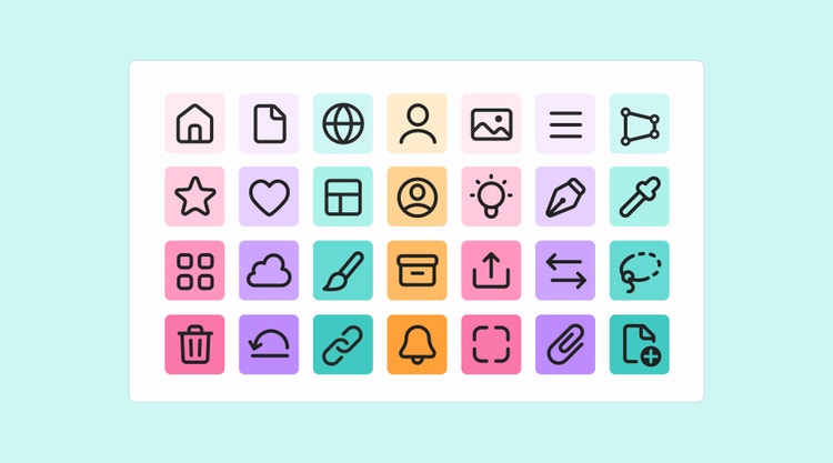 A four row and seven column sample of icons all in black outline style inside a white rectangle on a light turquoise background. All icon backgrounds are squares with rounded corners but colors vary. Top row from left: a house on light pink, a document on light lavender, a globe on light turquoise, an avatar on light yellow, a landscape image on light pink, three horizontal lines on light lavender, and a bounding box on a light turquoise. Second row from left: a star on pink, a heart on lavender, a divided square on turquoise, an avatar in a circle on yellow, a lightbulb on pink, a pen tool on lavender, and an eyedropper on turquoise. Third row from left: four squares on dark pink, a cloud on purple, a paintbrush on dark turquoise, a file box on dark yellow, an up arrow inside an open box on dark pink, two arrows stacked on purple, and a lasso tool on turquoise. Bottomrow from left: trash can on dark pink, a curved arrow over a line on purple, two chain links on dark turquoise, a bell on dark yellow, a dashed-line box on dark pink, a paperclip on purple, and a document with a plus sign on dark turquoise.