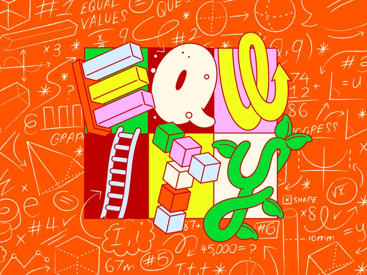 An illustration with an orange background filled with various mathematical symbols, equations, and diagrams. The word 'EQUITY' is spelled out with hand-drawn lettering in the center, with each letter surrounded by math-related doodles such as ladders, cubes, leaves, and geometric shapes. Visible text includes phrases like EQUAL VALUES, PROGRESS, GRADE, and various mathematical notations like 3, one half, one quarter, hashtag U, X SHAPE, 10mm, I =, 67m, and hashtag 5.