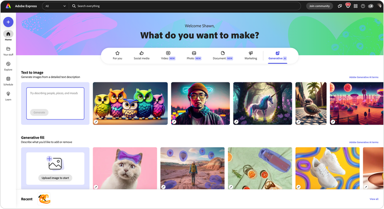 A screenshot of the home page of Adobe Express with the words "What do you want to make?" in the header and beneath it, two rows of five images. The top row has a text field with the words "Try describing people, places, and moods," with the heading "Text to image. Generate images from a detailed text description" followed by five Firefly-generated images. The bottom row has an image field with the words "Upload image to start," with the heading "Generative fill. Describe what you'd like to add or remove" followed by five images with highlighted areas designating where to generate additional content.