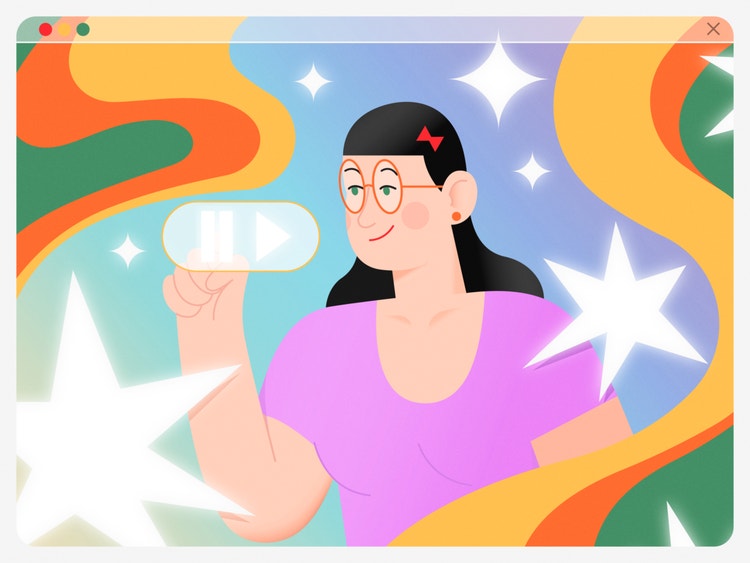 A digital illustration in a cartoon style. A woman with long black hair and bangs wearing red glasses and a purple T-shirt is tapping on an oversized play button icon hovering in front of her. The background is a stylized browser window (with a light blue-to-lavender gradient and a composition of white stars and wavy lines in orange, yellow, and green).