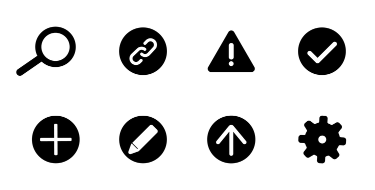 Two rows of four icons on a white background. Top row left to right: a magnifying glass outlined in black, two white chainlinks inside a black circle, a white exclamation mark in a black triangle, a white checkmark in a black circle. Bottom rowl left to right: a white plus sign in a black circle, a fat white pencil in a black circle, an up arrow in a black circle, a black gear icon.