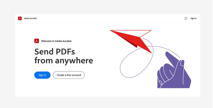 A screenshot of an Adobe Acrobat in-app banner on a white background. On the left are words: Welcome to Adobe Acrobat. Send PDFs from anywhere. Beneath that, two buttons read Sign in (blue) and Create free account (white with black outline and text). On the right is a purple hand tossing a red and white paper airplane. A purple looping line connects to the hand and the plane.