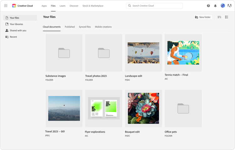 A screenshot of an older Creative Cloud "Your files" page in a web browser tab. The background and type are all gray. Across the top from left to right are the words Creative Cloud, Apps, Files, Learn, Discover, Stock & Marketplace along with a Search Creative Cloud field. On the left side of the main edit area are the words Your files, Your libraries, Shared with you, and Recent. Your files is selected. In the main edit area, under the heading your files is a sub-navigation with the words Cloud documents, Published, Synced files, Mobile creations. Underneath those headings are thumbnail images for eight files and file folders.