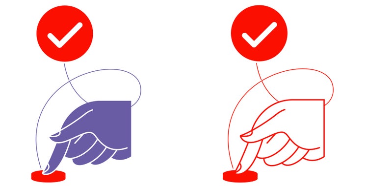 Two linear illustrations on a white background. On the left, a white checkmark in a red circle is connected by a looping line to a purple hand, with an extended finger pushing a red button. On the right, a white checkmark in a red circle is connected by a looping line to a hand outlined in red, with an extended finger pushing a red button.