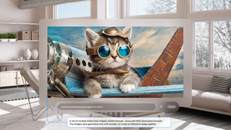 An image of a computer screen superimposed over the center of well-lit, light-colored living room with multiiple windows, bookshelves and comfortable seating. On the computer screen is a AI-generated photograph of a kitten, wearing dark goggles, a scarf, and a helmet, with its front paws perched on the wings of a flying plane. Beneath it, is a prompt bar with the prompt, "A cute kitten pilot wearing aviator goggles in an airplane.." Superimposed on the image is an explanation of a digital experience in Apple's Vision Pro: "A set of curated widescreen images rotates through, along with their associated prompts. The images were generated only with prompts, no styles or reference image were applied."