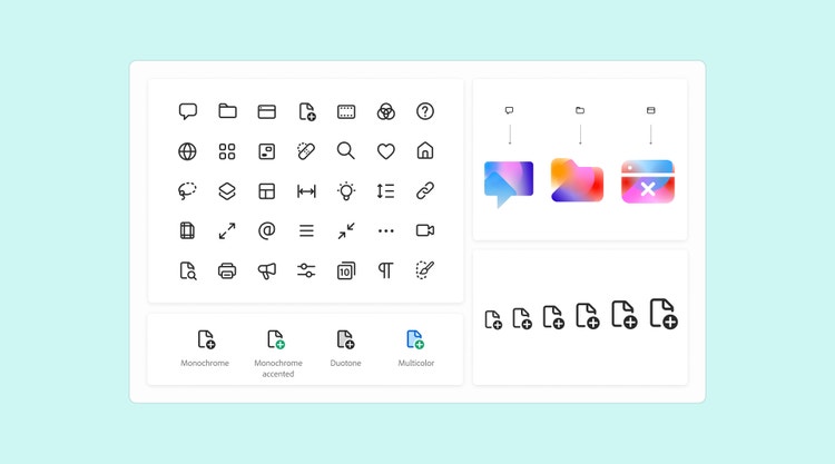 Two rows of two white rectangles on a light turquoise background. Each rectangle contains various types of icons. Clockwise from top left: five rows of seven icons in black outline, three icons (conversation bubble, file folder, and remove graphic) in both black outline and multicolor gradient versions, the same document icon in black outline in multiple sizes, examples of monochrome, monochrome accented with a status badge, duo-tone, and multicolor icons.