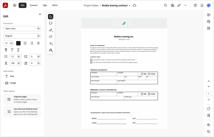 A screenshot of the document viewer/editor in Adobe Acrobat on the web with a form, "Bodéa Leasing contract," open and ready to edit.