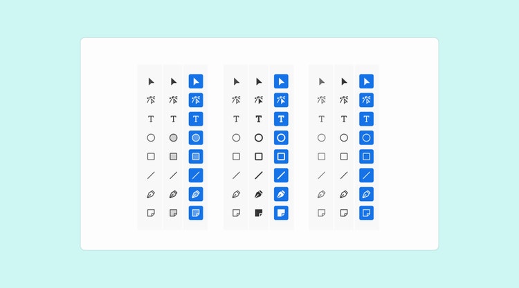 Nine versions of the same vertical eight-icon toolbar, each with slight variations in line weight, filll, and color, inside a white rectangle on a light turquoise background. The third, sixth, and ninth version are white icons on a dark blue background. All others are black on light grey background. The toolbar includes (from top) a filled cursor arrow, a cursor arrow pointing to an anchor point on a path, a captial T, a circle, a square, a diagonal line, a pen tool, and a document.