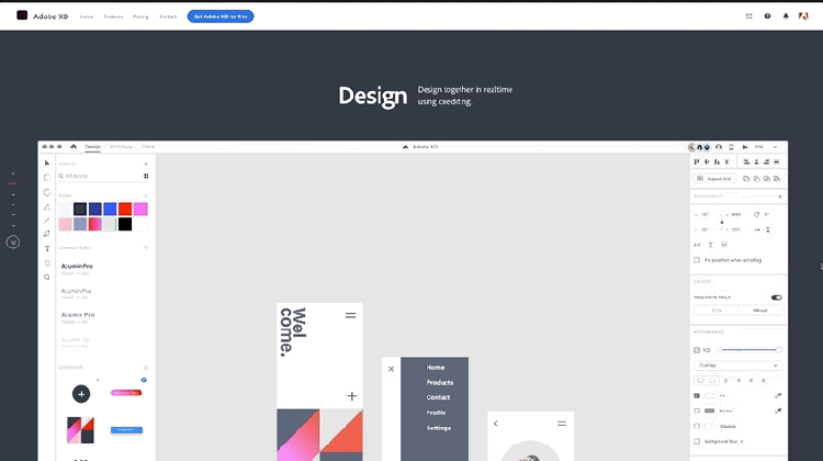 A GIF of an Adobe XD artboard with three designs scrolling in the center and tool panels on the left and right.