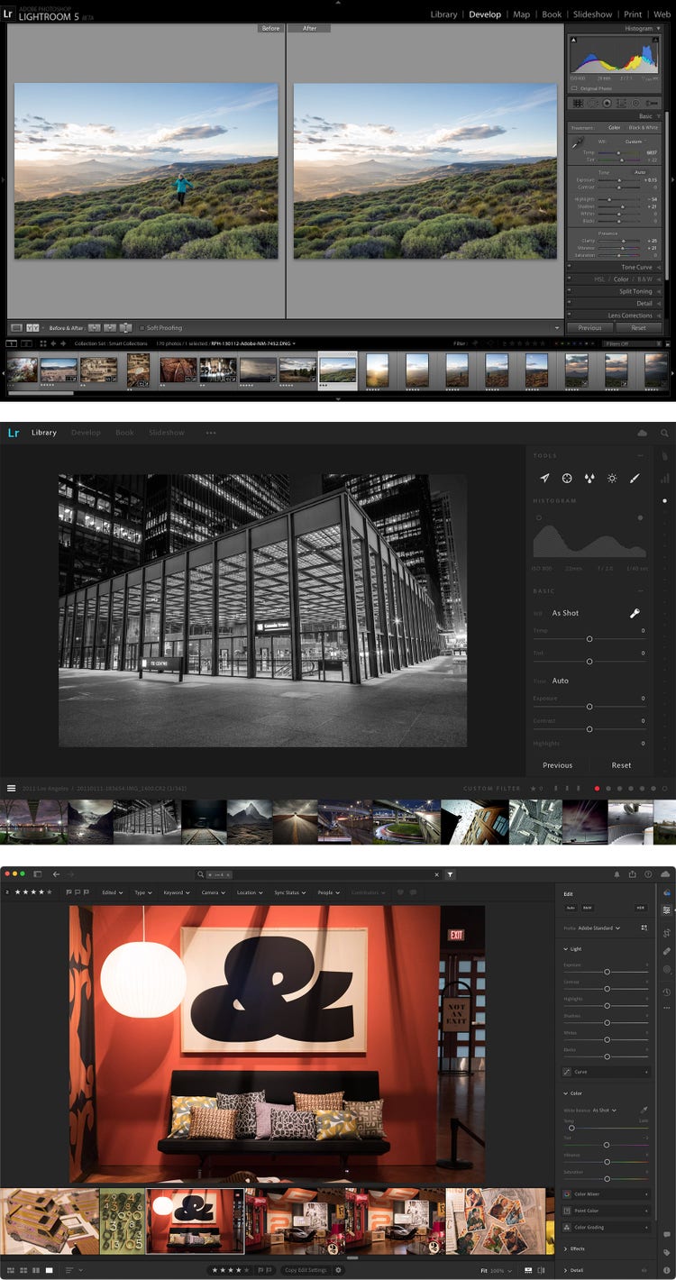 A three-image compilation of screenshots of the edit screen of Adobe Lightroom.