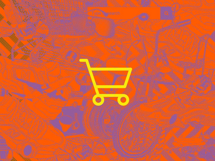 A yellow shopping cart icon in the foreground on an orange background with purple line art of web search bar and a mass of consumer products.