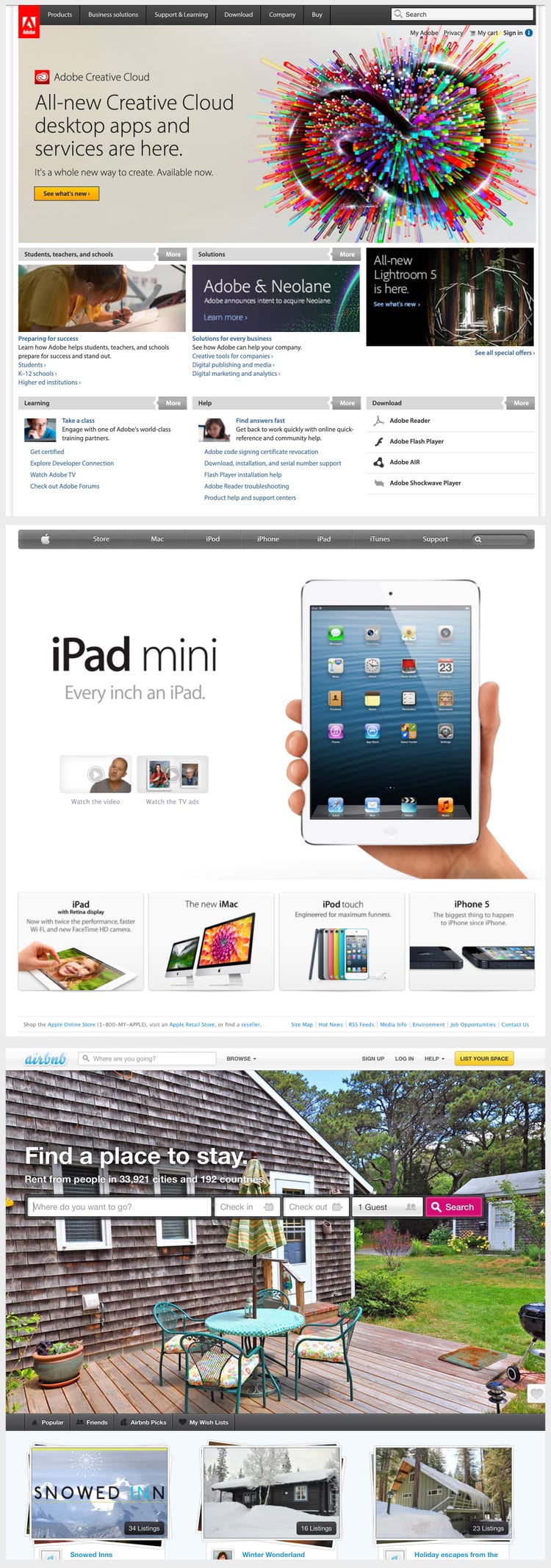 A three-image compilation of screenshots of the home pages of three websites. Top to bottom: Adobe, Apple, and Airbnb.