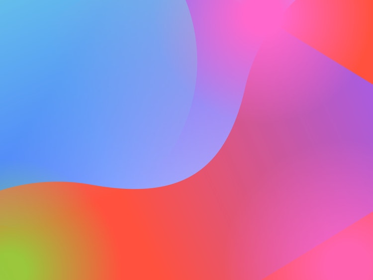 Flowing swirling blocks of vibrantly-hued color in a blue-to-purple-to-pink-to-red-to-orange-to yellow gradient.