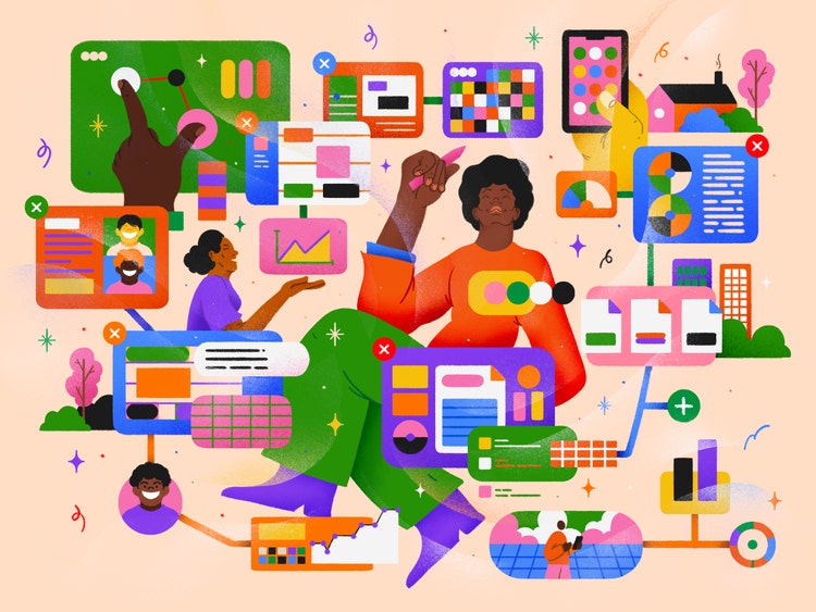 A very colorful digital illustration with a Black woman holding a pencil at the center. She's surrounded by more than a dozen documents and electronic devices with different graphics on them.