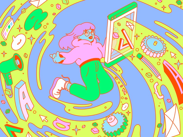 A colorful abstract illustration of a person with glasses, wearing a pink hoodie and green pants, floating in a swirling blue vortex. As they reach toward an open browser window showing code symbols, surrounding them are vibrant objects like gears, letters, arrows, and abstract shapes in yellow, green, pink, and blue, that create a dynamic sense of motion.
