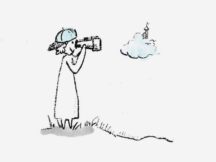 A cartoon line drawing of a woman, standing in a field wearing a backwards blue baseball cap, looking through binoculars at a castle in the distance perched on a light blue cloud.