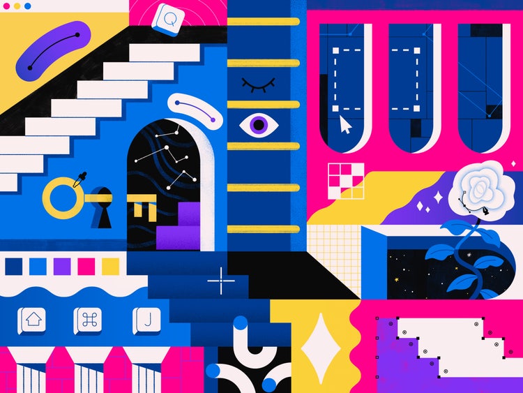 Bright pink, purple, blue, and yellow (with black accents) comprise this digital illustration of what looks like a browser window comprised of compartmentalized barriers... a set of stairs that lead, a lock with a key without a door, upside-down archways, a ladder leading to a ceiling a rose with thorns.