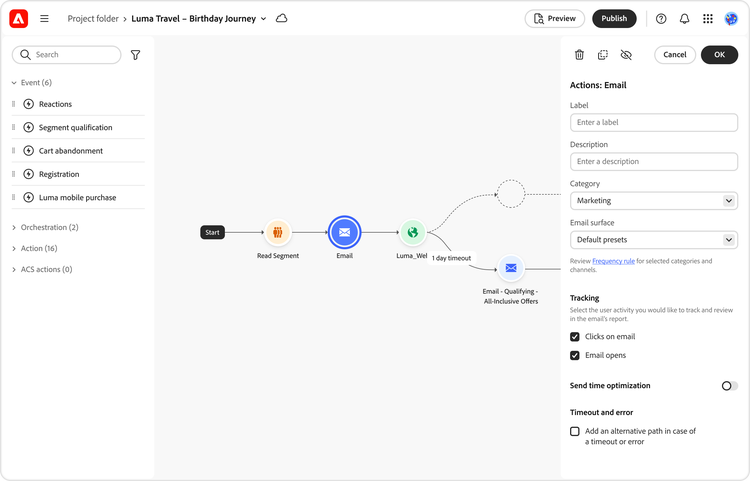 A screenshot of Adobe Journey Optimizer on the web with the journey map, "Luma Travel Birthday Journey" open and ready to edit.