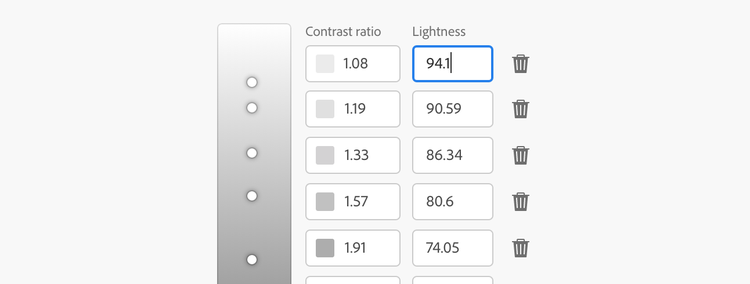 A screenshot of the new "lightness stops" panel in Leonardo showing a swatch, contrast ratio, and lightness for each color.