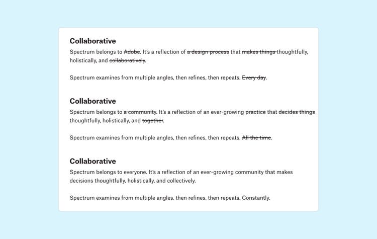 A white square with three paragraphs of black type, some with strikethough text, each under a "Collaborative" heading on a light blue background. The first paragraph reads: Collaborative: Spectrum belongs to Adobe. It's a reflection of a design process that makes things thoughtfully, holistically, and collaboratively. Spectrum examines from multiple angles, then refines, then repeats. Every day. ("Adobe," "a design process," "makes things," "collaboratively," and "Every day" are striked and marked for deletion.) The second paragraph reads: Collaborative: Spectrum belongs to a community. It's a reflection of an ever-growing practice that decides things thoughtfully, holistically, and together. Spectrum examines from multiple angles, then refines, then repeats. All the time. ("a community," "practice," "decides things," "together," and "All the time" are striked and marked for deletion). The third paragraph reads: Collaborative: Spectrum belongs to everyone. It's a reflection of an ever-growing community that makes decisions thoughtfully, holistically, and collectively. Spectrum examines from multiple angles, then refines, then repeats. Constantly.