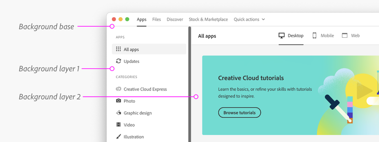 A screenshot of a portion of the Creative Cloud Desktop App showing base layer, layer 1, and layer 2 in practical application.