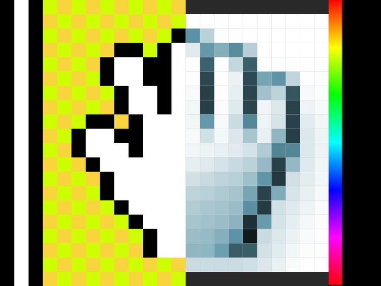 A split-screen image showing a pixelated cursor hand on a yellow and green background on the left and, divided by a rainbow-gradient strip, a pixelated 3D hand on a white grid background on the right.